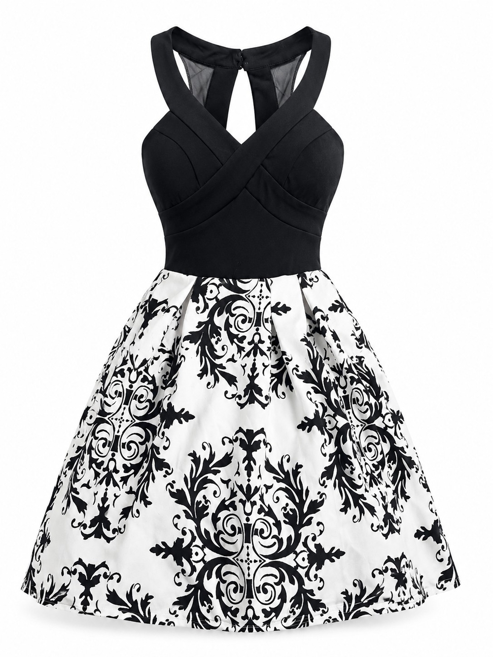 Crystal Doll Black and White Cross-Back Fit-and-Flare Mini Dress